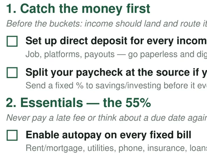 The Automation Checklist: catch the money first, then the essentials, with a box to tick per transfer.